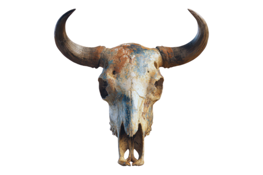 Weathered cow skull with long horns isolated transparent background stock photo