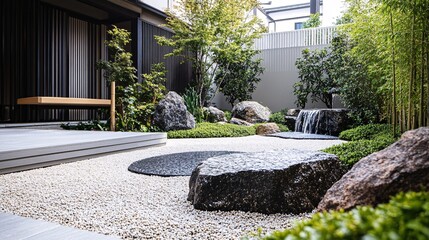 Serene Waterfall in Tranquil Zen Garden with Lush Greenery and Calm Waters