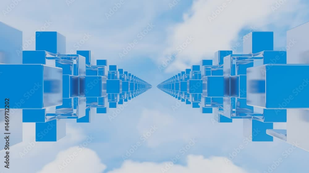 Poster endless movement inside a tunnel of rows of abstract cubic glossy figures against a blue sky with wh