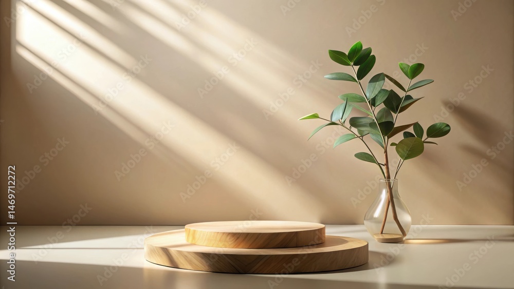 Poster serene minimalist display featuring a wooden platform and greenery in a glass vase, bathed in soft s