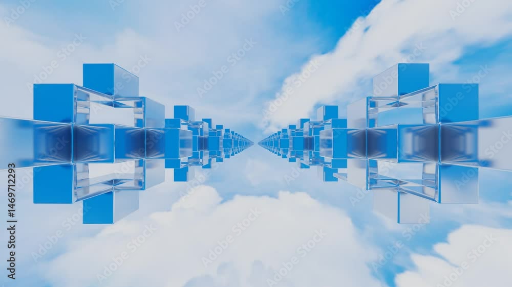 Aufkleber endless movement inside a tunnel of rows of abstract cubic glossy figures against a blue sky with wh