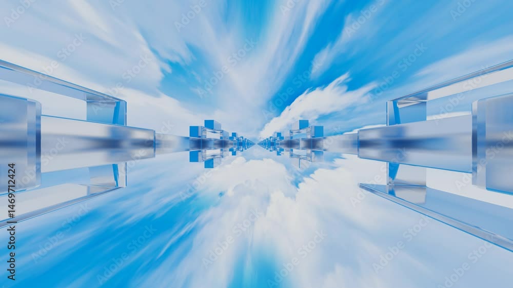 Aufkleber endless movement inside a tunnel of rows of abstract cubic glossy figures against a blue sky with wh