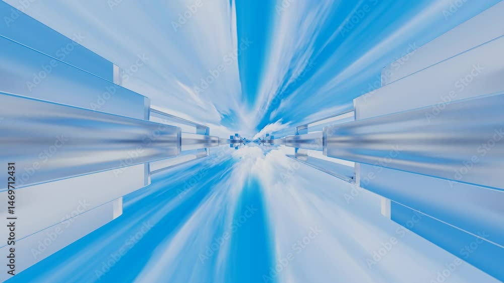 Poster endless movement inside a tunnel of rows of abstract cubic glossy figures against a blue sky with wh