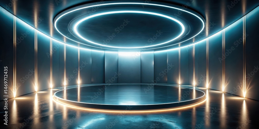 Poster futuristic circular stage with neon lighting and reflective floor in modern architectural design