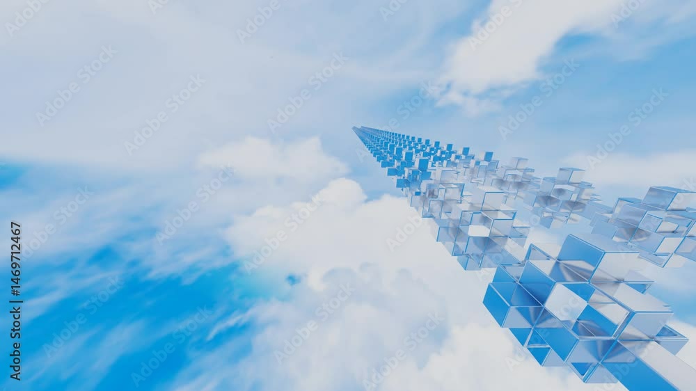 Aufkleber endless movement of abstract cubic glossy figures against blue sky with white clouds. 3d render loop