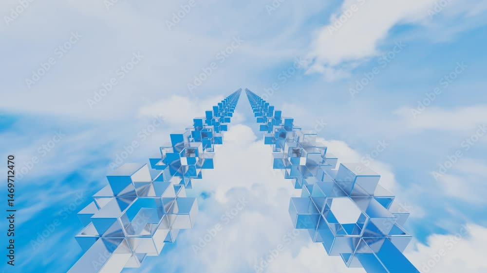 Poster endless movement inside a tunnel of rows of abstract cubic glossy figures against a blue sky with wh