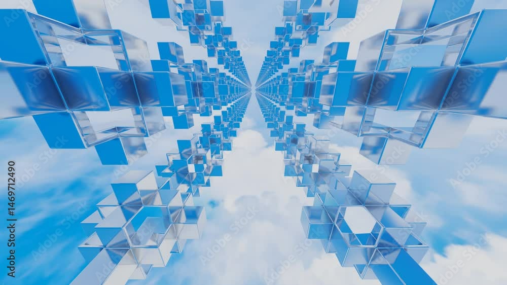 Poster endless movement inside a tunnel of rows of abstract cubic glossy figures against a blue sky with wh