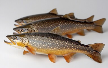 Fototapeta premium Three fresh trout arranged in a row on a white background.