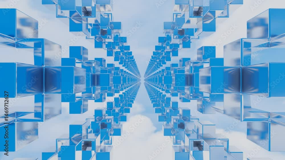 Poster endless movement inside a tunnel of rows of abstract cubic glossy figures against a blue sky with wh