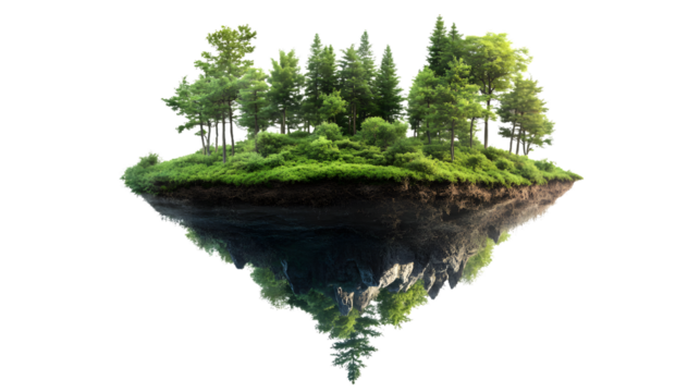 Surreal Miniature Forest Island Floating on Water - Enchanting Nature Landscape