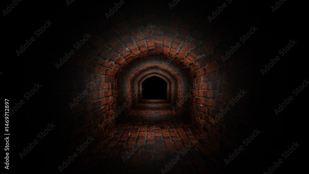 Poster camera pan forward through dark gloomy red brick corridor. 3d render looped animation