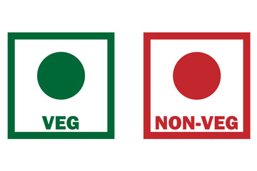 Veg and non-veg food icon dots. Vegetarian and non-vegetarian symbols. Green dot and red dot in squares. Vegan and non-vegan food labels. Vector illustration.