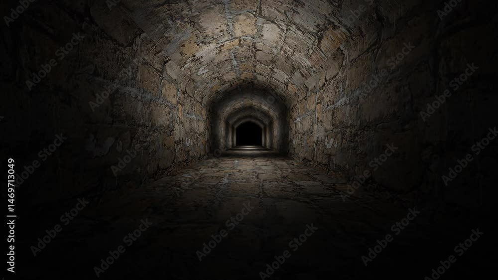 Poster camera fly forward through dark gloomy corridor of old concrete blocks. 3d render looped animation