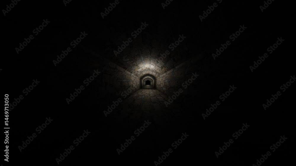 Poster camera fly forward through dark gloomy corridor of old concrete blocks. 3d render looped animation