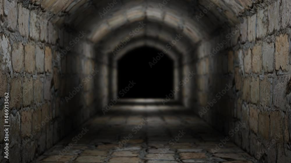Poster camera fly forward through dark gloomy corridor of old concrete blocks. 3d render looped animation