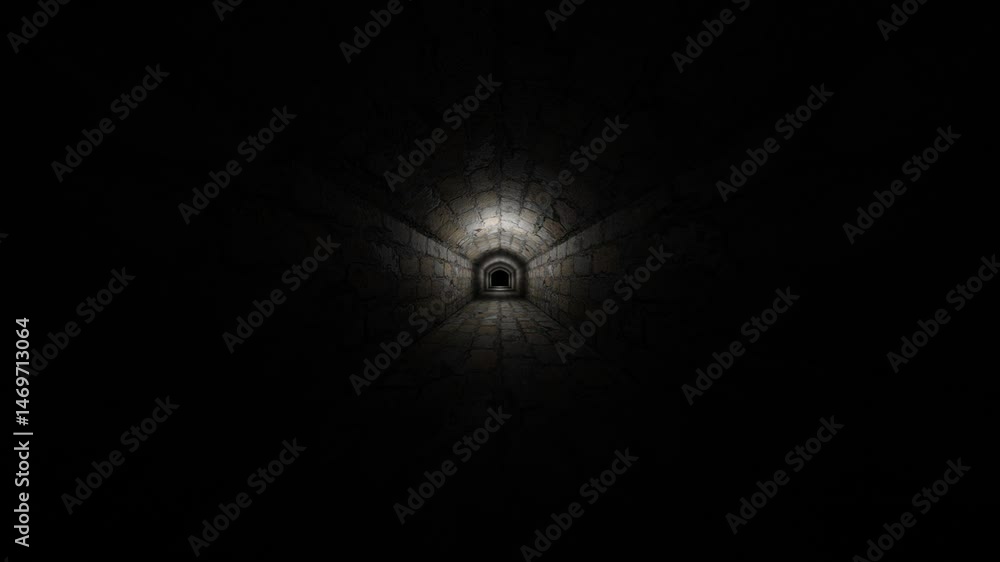 Poster camera fly forward through dark gloomy corridor of old concrete blocks. 3d render looped animation