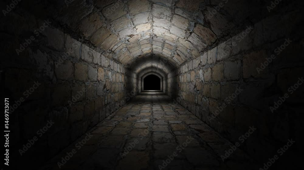 Poster camera fly forward through dark gloomy corridor of old concrete blocks. 3d render looped animation