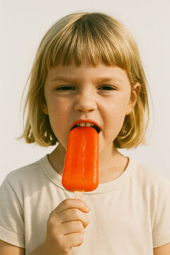 Grimacing Girl Eating Red Popsicle in Summer Light