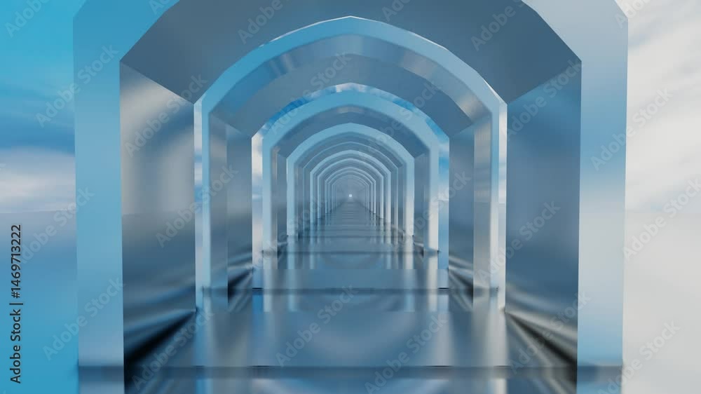 Poster moving forward through a tunnel of glossy arches against a blue sky with white clouds. 3d render loo
