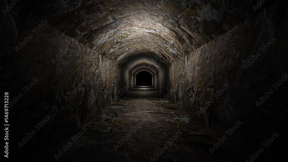 Poster camera fly forward through dark gloomy corridor with stone texture. 3d render looped animation
