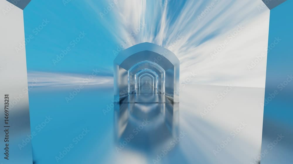 Poster moving forward through a tunnel of glossy arches against a blue sky with white clouds. 3d render loo