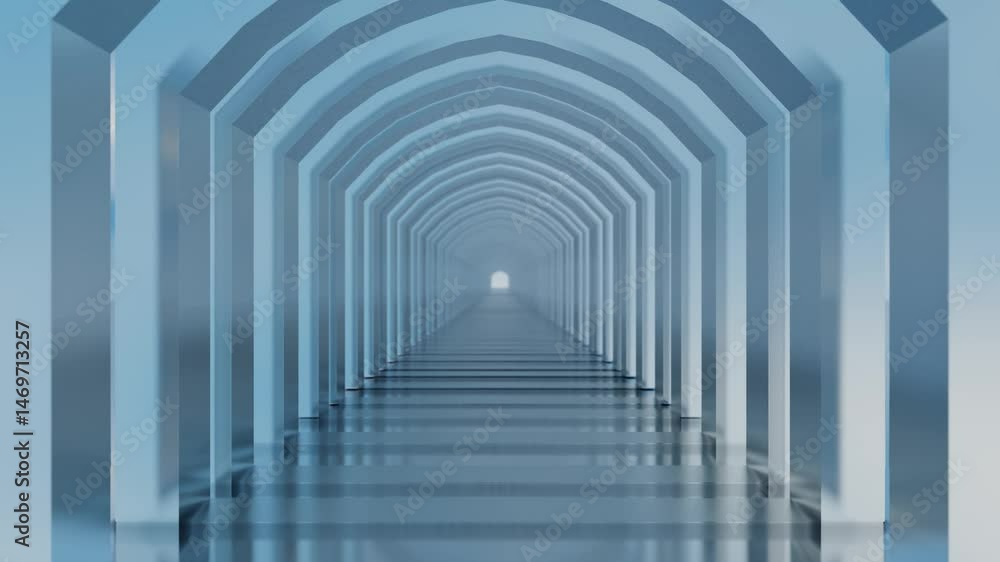 Aufkleber moving forward through a tunnel of glossy arches against a blue sky with white clouds. 3d render loo