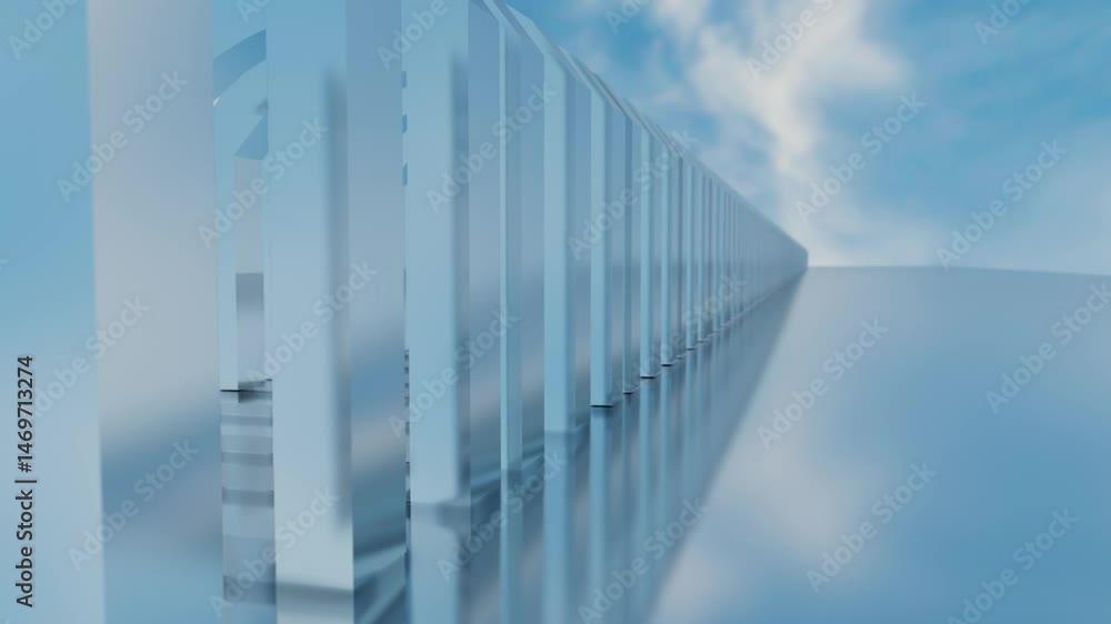 Poster moving forward through a tunnel of glossy arches against a blue sky with white clouds. 3d render loo