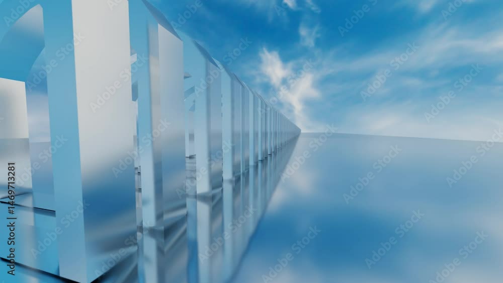 Poster moving forward through a tunnel of glossy arches against a blue sky with white clouds. 3d render loo