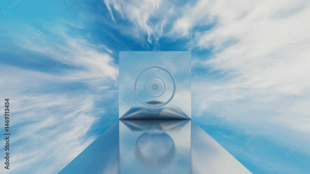 Poster moving forward through a tunnel of rectangles with a circular cutout in the middle against a blue sk