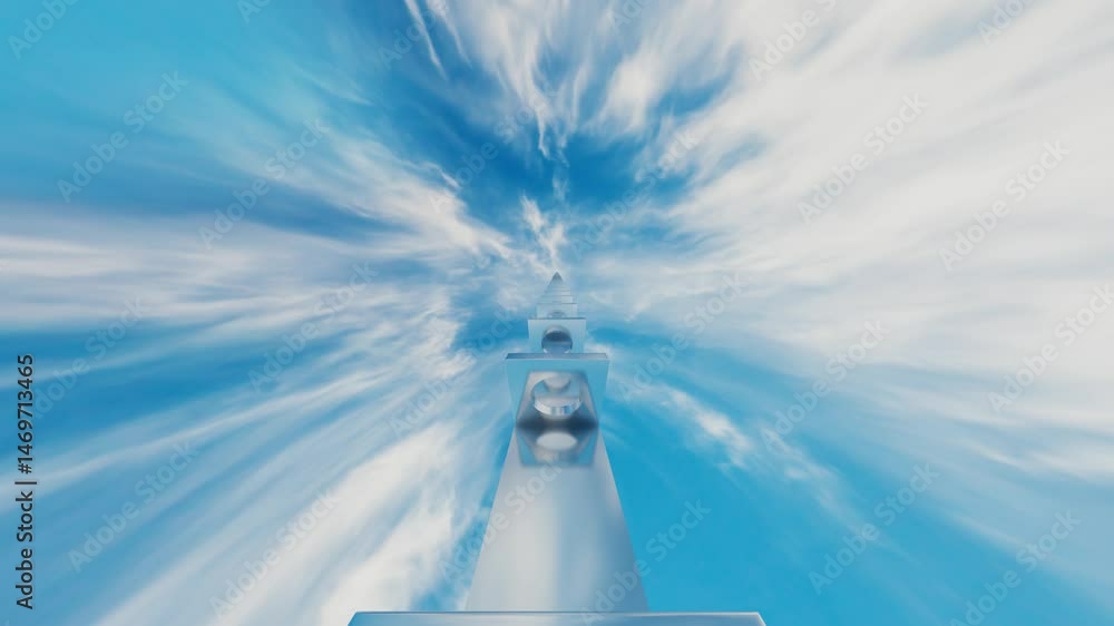 Poster moving forward through a tunnel of rectangles with a circular cutout in the middle against a blue sk