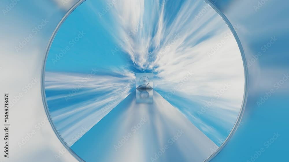 Aufkleber moving forward through a tunnel of rectangles with a circular cutout in the middle against a blue sk