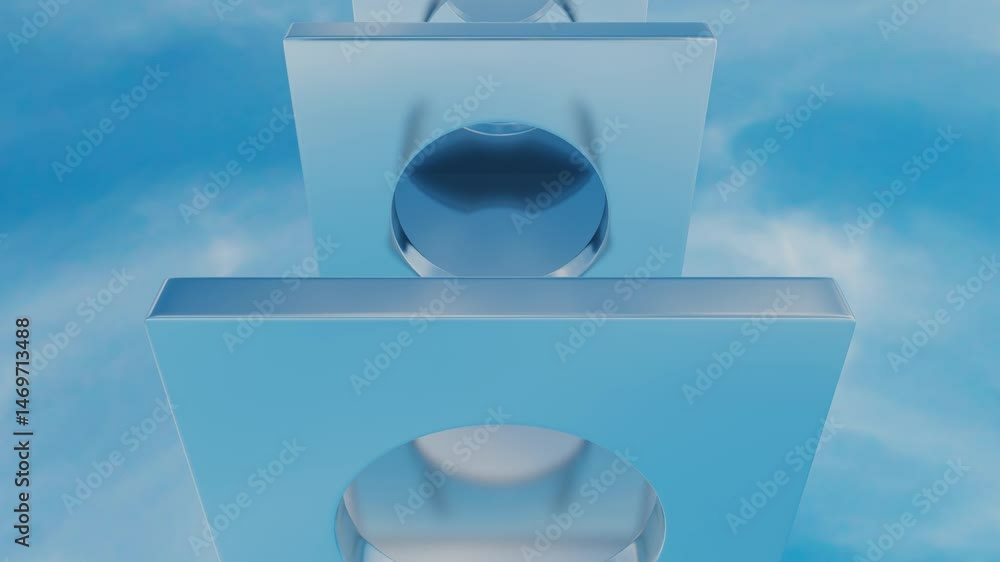 Aufkleber moving forward through a tunnel of rectangles with a circular cutout in the middle against a blue sk