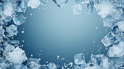 Ice cubes frame on a light blue background.