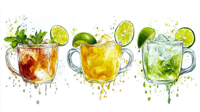 Each cup should be surrounded by splashes or droplets of water that add movement to the design. A lime slice can also represent a refreshing tropical vibe. Set against a white background.