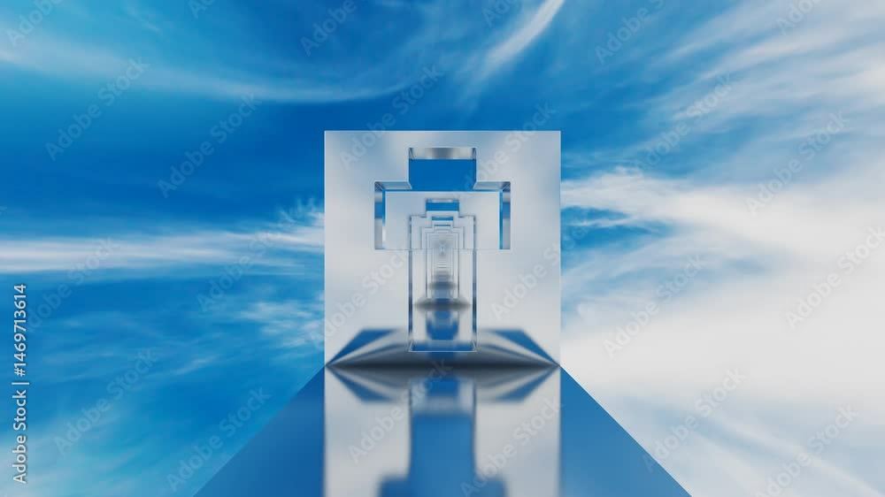 Aufkleber camera fly through cubes with cross-shaped cutout against blue sky with white clouds. 3d render loop