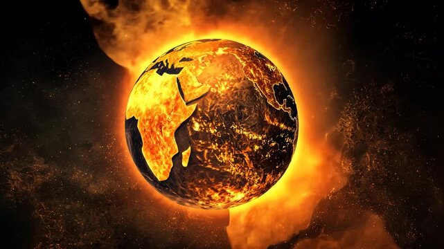 Cinematic Earth animation fully engulfed in flames, symbolizing world destruction.