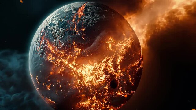 Apocalyptic vision of Earth overwhelmed by fiery explosions and volcanic activity.