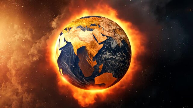 Burning Earth exploding from within with intense cinematic effects and fire eruption.