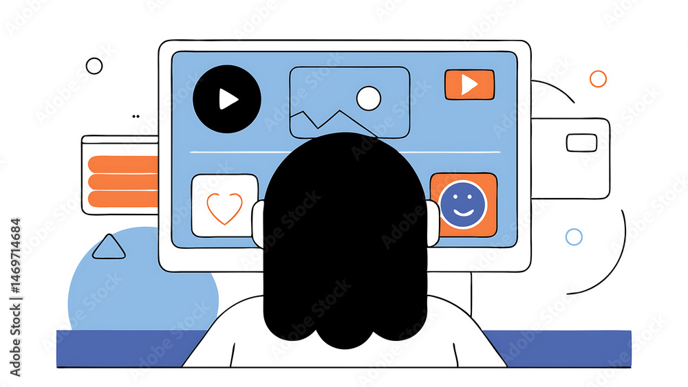Poster backview of caucasian woman connecting to animated stream of content visualization of browsing metav