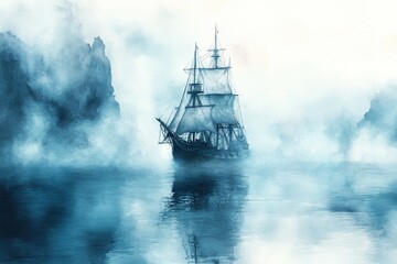 A majestic old ship sails through misty waters with towering cliffs in the background.