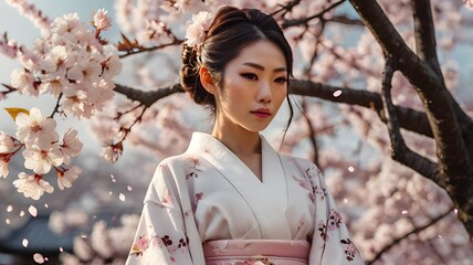Japanese bride wearing white wedding kimono with sakura patterns, standing under cherry blossom trees in full bloom, petals falling around her, romantic cinematic lighting, soft pink,Generative Ai