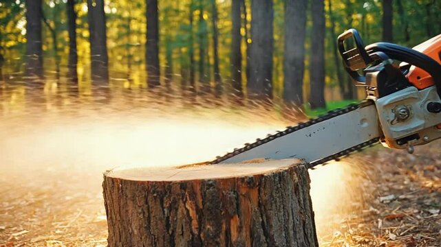 Chainsaw cutting tree stump outdoors