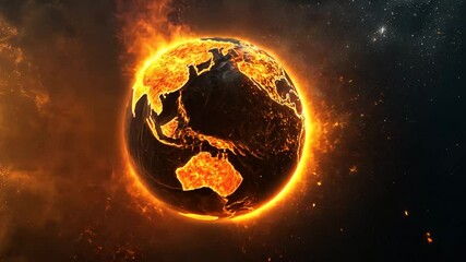 Cinematic depiction of Earth encircled in a fiery ring, representing global heat crisis.