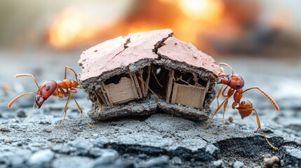 Ants moving house debris near wildfire