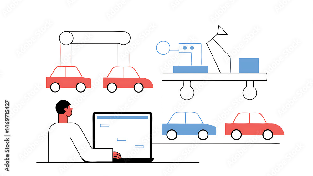 Poster car factory engineer in work uniform using laptop computer with spreadsheet software working with so