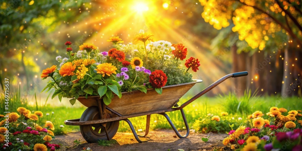 Poster a rustic wheelbarrow overflowing with vibrant summer blooms bathed in golden sunlight, creating a se