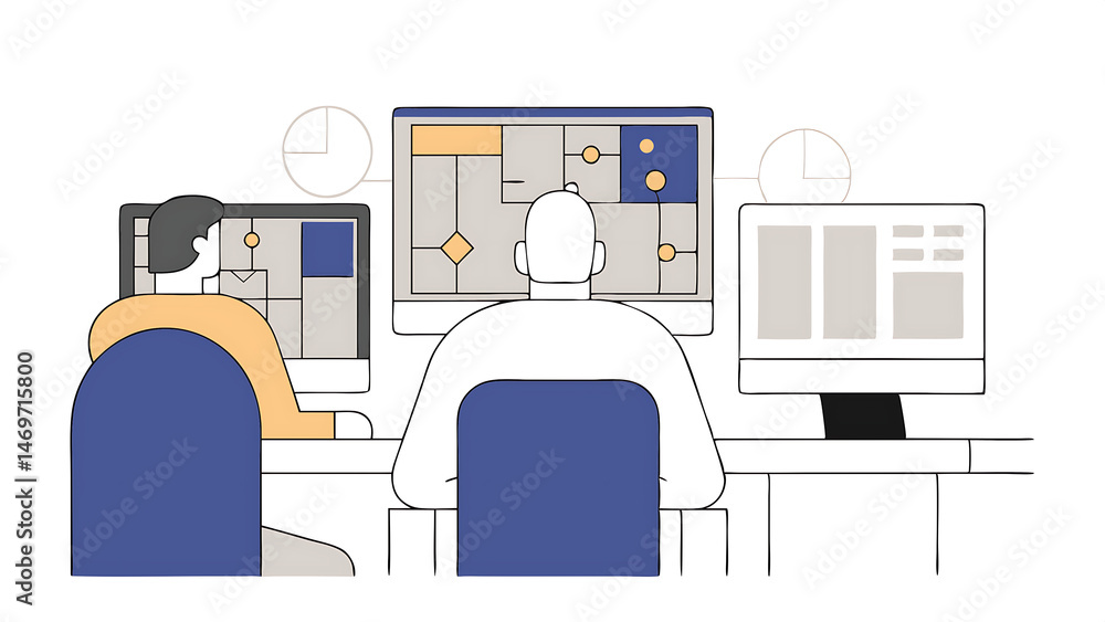 Poster caucasian male game developer using desktop computer with 3d modelling software and talking to asian
