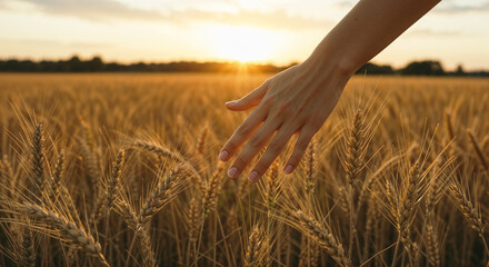 Hand Touching Wheat Field in Sunset, Embracing Nature's Beauty  