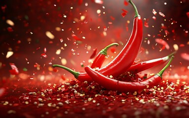Red chili peppers, spice, scattered on a red background.