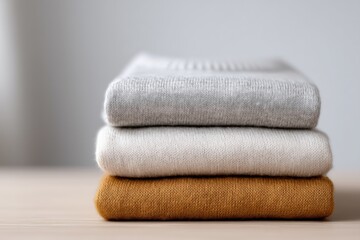 Stack of cozy folded sweaters in neutral tones on wooden surface